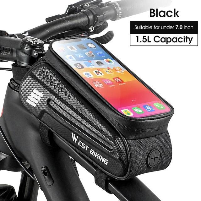 WEST BIKING Hard Shell Bike Frame Bag - Waterproof TPU Touch Screen Phone Holder (Up to 7.4") - 2L Large Capacity Top Tube Bag with Headphone Jack