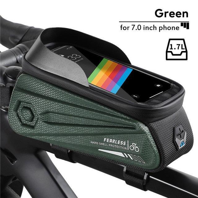WEST BIKING Hard Shell Bike Frame Bag - Waterproof TPU Touch Screen Phone Holder (Up to 7.4") - 2L Large Capacity Top Tube Bag with Headphone Jack