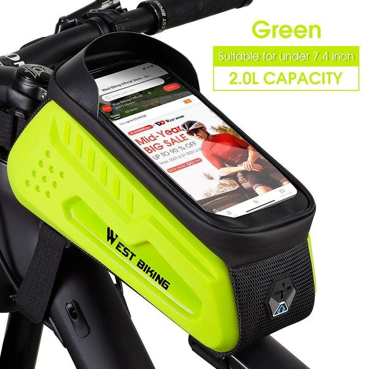 WEST BIKING Hard Shell Bike Frame Bag - Waterproof TPU Touch Screen Phone Holder (Up to 7.4") - 2L Large Capacity Top Tube Bag with Headphone Jack