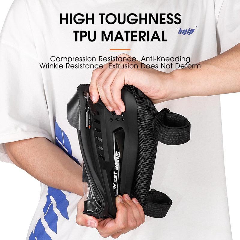 WEST BIKING Hard Shell Bike Frame Bag - Waterproof TPU Touch Screen Phone Holder (Up to 7.4") - 2L Large Capacity Top Tube Bag with Headphone Jack