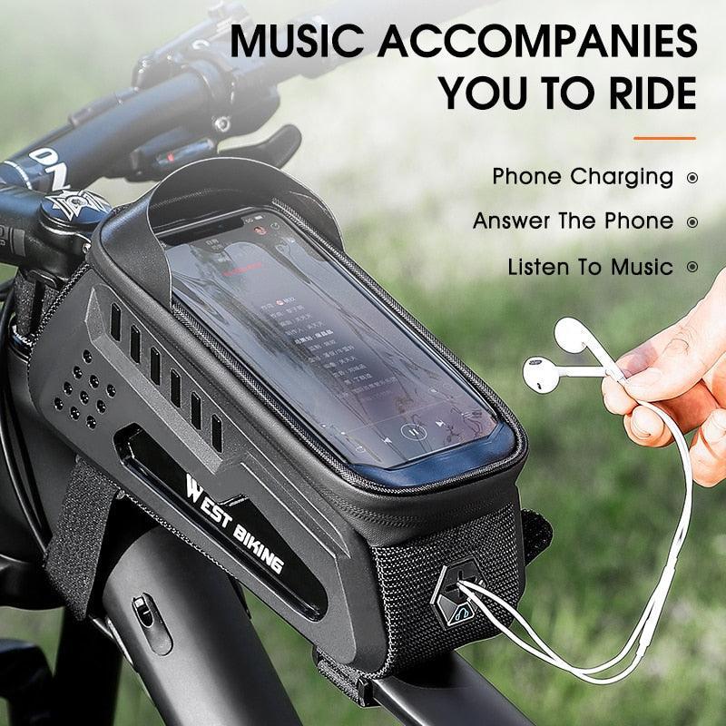 WEST BIKING Hard Shell Bike Frame Bag - Waterproof TPU Touch Screen Phone Holder (Up to 7.4") - 2L Large Capacity Top Tube Bag with Headphone Jack