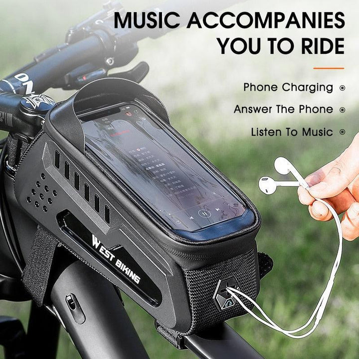 WEST BIKING Hard Shell Bike Frame Bag - Waterproof TPU Touch Screen Phone Holder (Up to 7.4") - 2L Large Capacity Top Tube Bag with Headphone Jack