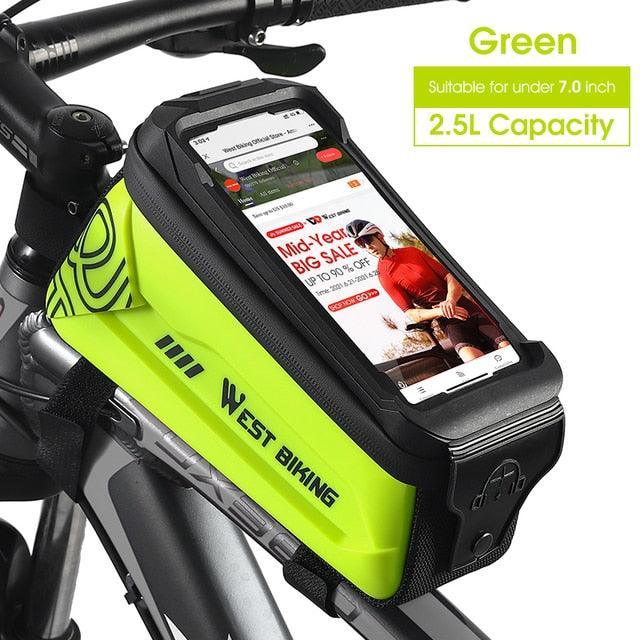 WEST BIKING Hard Shell Bike Frame Bag - Waterproof TPU Touch Screen Phone Holder (Up to 7.4") - 2L Large Capacity Top Tube Bag with Headphone Jack