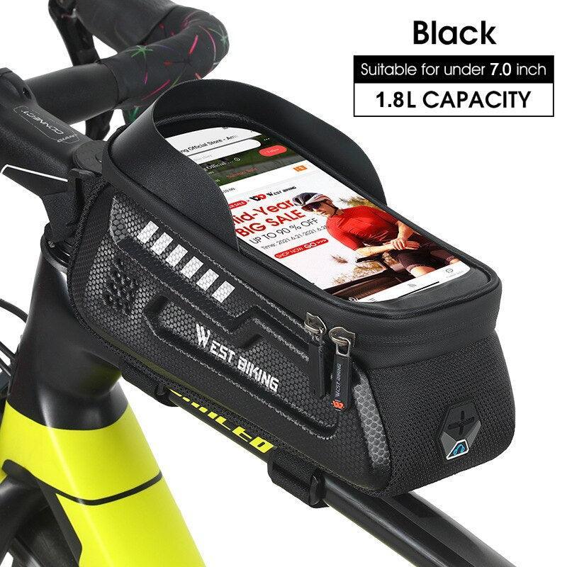 WEST BIKING Hard Shell Bike Frame Bag - Waterproof TPU Touch Screen Phone Holder (Up to 7.4") - 2L Large Capacity Top Tube Bag with Headphone Jack