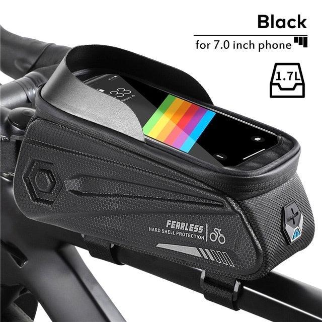 WEST BIKING Hard Shell Bike Frame Bag - Waterproof TPU Touch Screen Phone Holder (Up to 7.4") - 2L Large Capacity Top Tube Bag with Headphone Jack