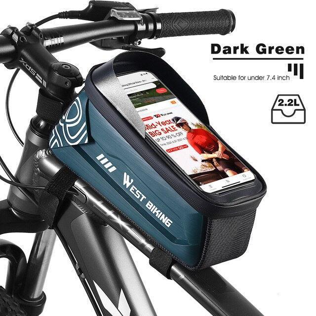 WEST BIKING Hard Shell Bike Frame Bag - Waterproof TPU Touch Screen Phone Holder (Up to 7.4") - 2L Large Capacity Top Tube Bag with Headphone Jack