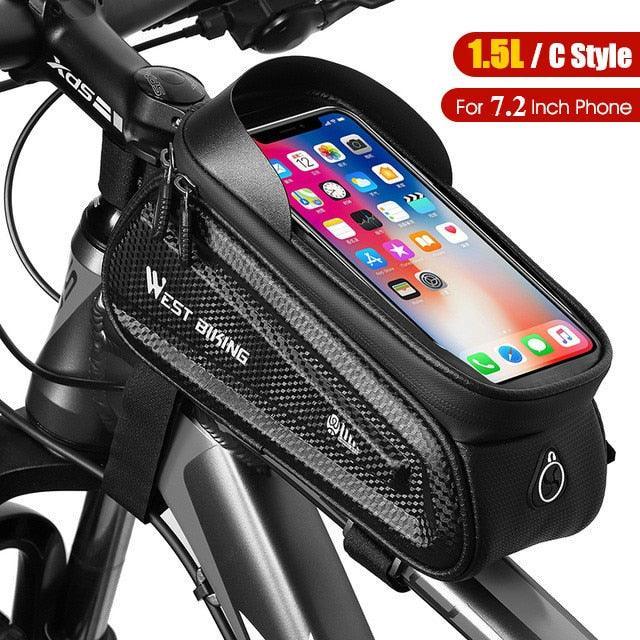 WEST BIKING Hard Shell Bike Frame Bag - Waterproof TPU Touch Screen Phone Holder (Up to 7.4") - 2L Large Capacity Top Tube Bag with Headphone Jack