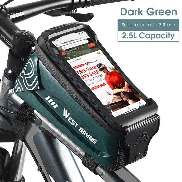 WEST BIKING Hard Shell Bike Frame Bag - Waterproof TPU Touch Screen Phone Holder (Up to 7.4") - 2L Large Capacity Top Tube Bag with Headphone Jack