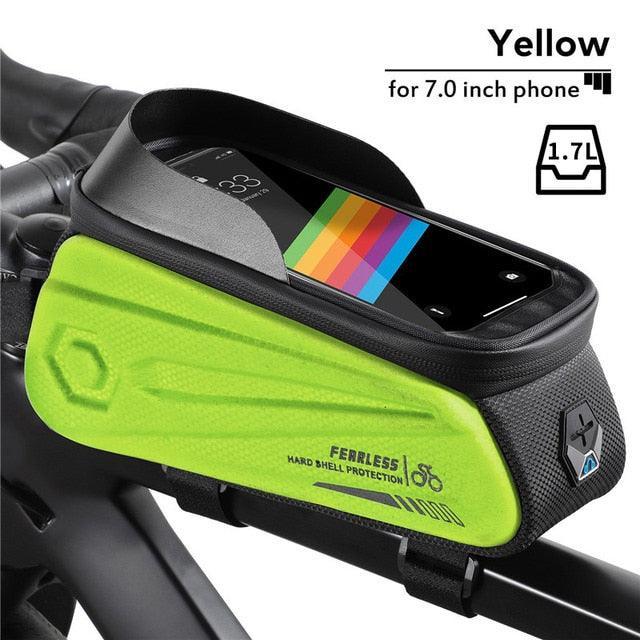 WEST BIKING Hard Shell Bike Frame Bag - Waterproof TPU Touch Screen Phone Holder (Up to 7.4") - 2L Large Capacity Top Tube Bag with Headphone Jack