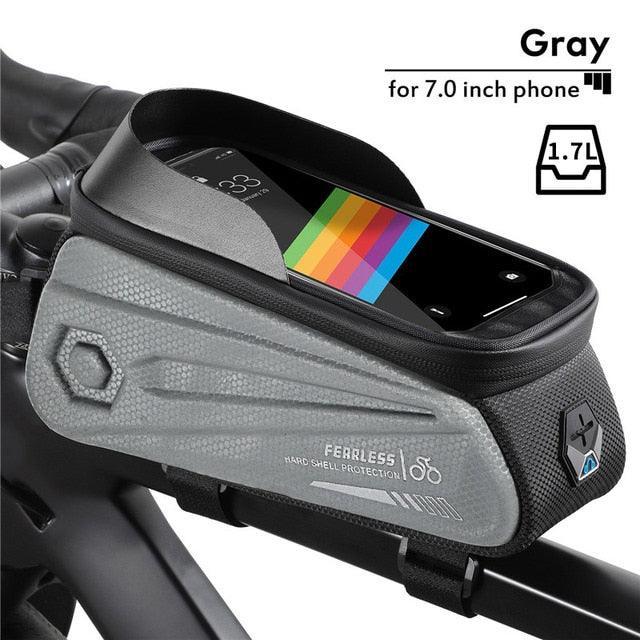 WEST BIKING Hard Shell Bike Frame Bag - Waterproof TPU Touch Screen Phone Holder (Up to 7.4") - 2L Large Capacity Top Tube Bag with Headphone Jack