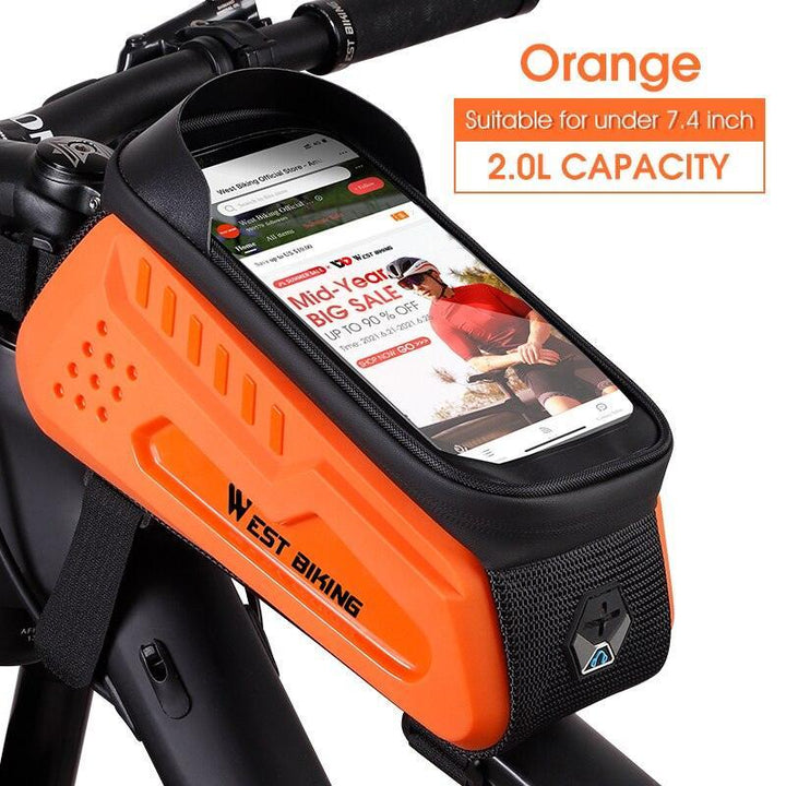 WEST BIKING Hard Shell Bike Frame Bag - Waterproof TPU Touch Screen Phone Holder (Up to 7.4") - 2L Large Capacity Top Tube Bag with Headphone Jack