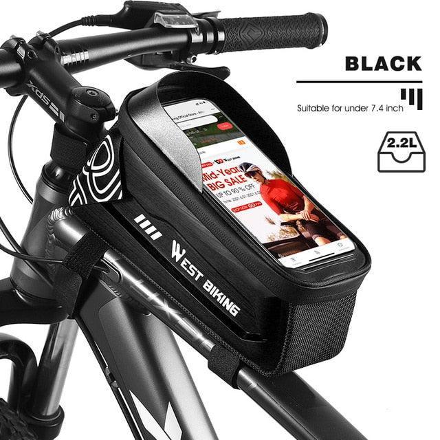 WEST BIKING Hard Shell Bike Frame Bag - Waterproof TPU Touch Screen Phone Holder (Up to 7.4") - 2L Large Capacity Top Tube Bag with Headphone Jack