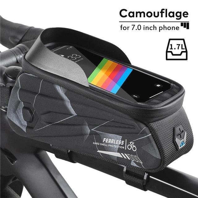 WEST BIKING Hard Shell Bike Frame Bag - Waterproof TPU Touch Screen Phone Holder (Up to 7.4") - 2L Large Capacity Top Tube Bag with Headphone Jack