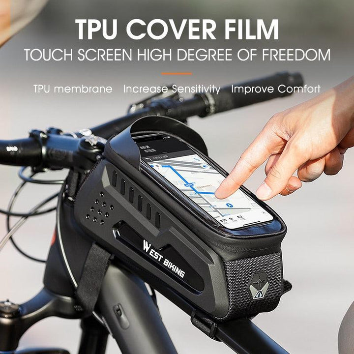 WEST BIKING Hard Shell Bike Frame Bag - Waterproof TPU Touch Screen Phone Holder (Up to 7.4") - 2L Large Capacity Top Tube Bag with Headphone Jack