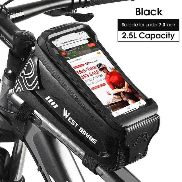 WEST BIKING Hard Shell Bike Frame Bag - Waterproof TPU Touch Screen Phone Holder (Up to 7.4") - 2L Large Capacity Top Tube Bag with Headphone Jack