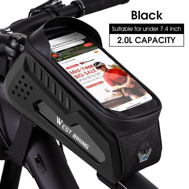 WEST BIKING Hard Shell Bike Frame Bag - Waterproof TPU Touch Screen Phone Holder (Up to 7.4") - 2L Large Capacity Top Tube Bag with Headphone Jack