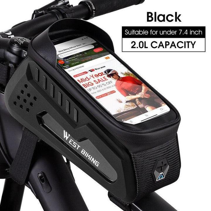 WEST BIKING Hard Shell Bike Frame Bag - Waterproof TPU Touch Screen Phone Holder (Up to 7.4") - 2L Large Capacity Top Tube Bag with Headphone Jack