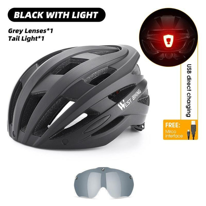 WEST BIKING Smart Cycling Helmet - Integrally-Molded EPS+PC Safety - Built-in Rechargeable USB Taillight - Magnetic Visor Sunglasses - Unisex MTB Road Bike Cap