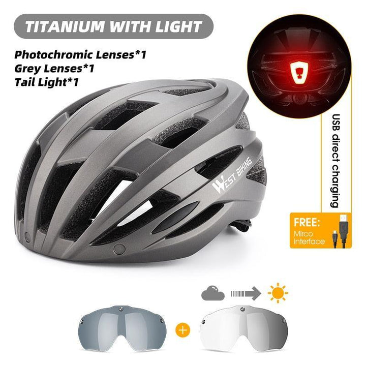 WEST BIKING Smart Cycling Helmet - Integrally-Molded EPS+PC Safety - Built-in Rechargeable USB Taillight - Magnetic Visor Sunglasses - Unisex MTB Road Bike Cap