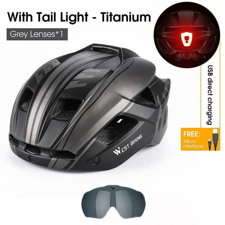 WEST BIKING Smart Cycling Helmet - Integrally-Molded EPS+PC Safety - Built-in Rechargeable USB Taillight - Magnetic Visor Sunglasses - Unisex MTB Road Bike Cap