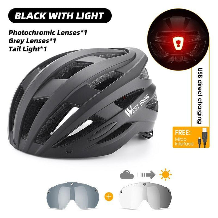 WEST BIKING Smart Cycling Helmet - Integrally-Molded EPS+PC Safety - Built-in Rechargeable USB Taillight - Magnetic Visor Sunglasses - Unisex MTB Road Bike Cap