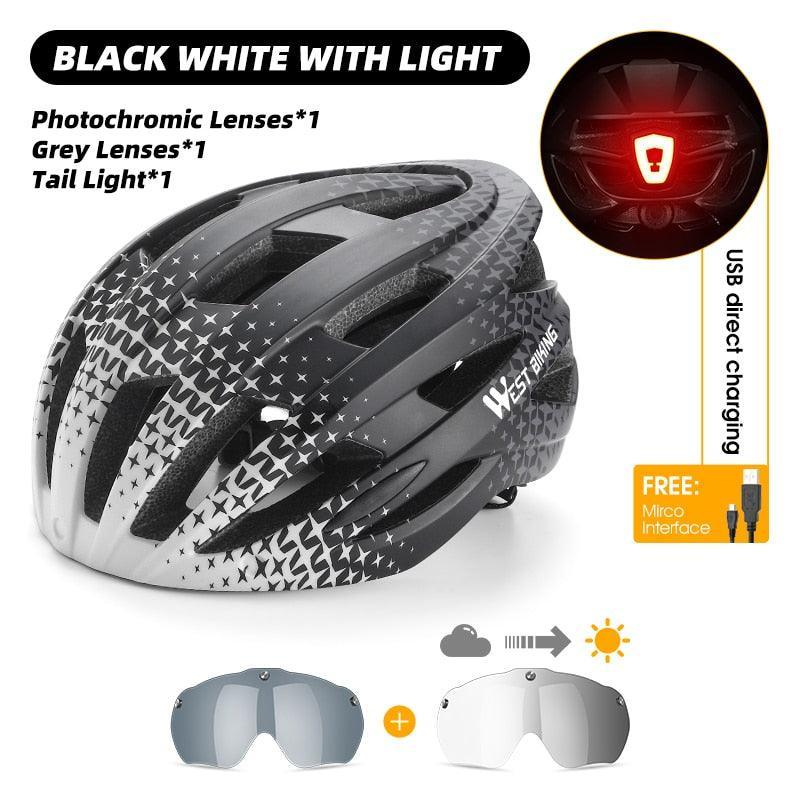 WEST BIKING Smart Cycling Helmet - Integrally-Molded EPS+PC Safety - Built-in Rechargeable USB Taillight - Magnetic Visor Sunglasses - Unisex MTB Road Bike Cap