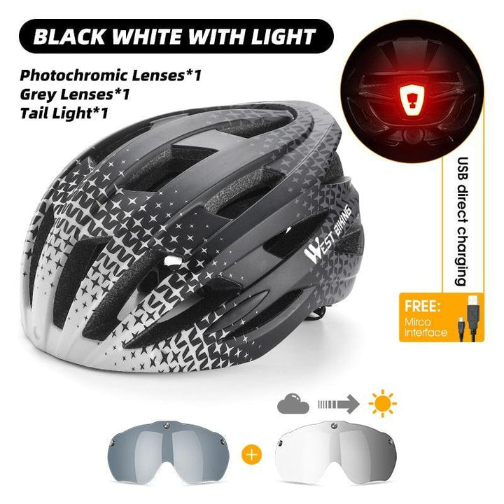 WEST BIKING Smart Cycling Helmet - Integrally-Molded EPS+PC Safety - Built-in Rechargeable USB Taillight - Magnetic Visor Sunglasses - Unisex MTB Road Bike Cap