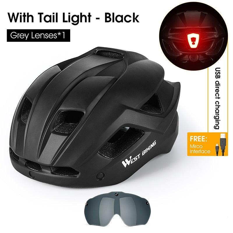 WEST BIKING Smart Cycling Helmet - Integrally-Molded EPS+PC Safety - Built-in Rechargeable USB Taillight - Magnetic Visor Sunglasses - Unisex MTB Road Bike Cap