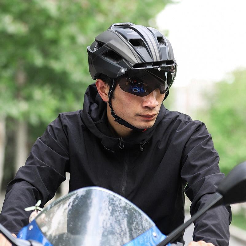 WEST BIKING Smart Cycling Helmet - Integrally-Molded EPS+PC Safety - Built-in Rechargeable USB Taillight - Magnetic Visor Sunglasses - Unisex MTB Road Bike Cap
