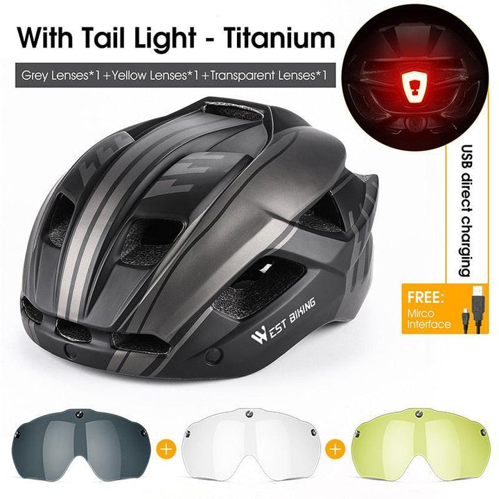 WEST BIKING Smart Cycling Helmet - Integrally-Molded EPS+PC Safety - Built-in Rechargeable USB Taillight - Magnetic Visor Sunglasses - Unisex MTB Road Bike Cap
