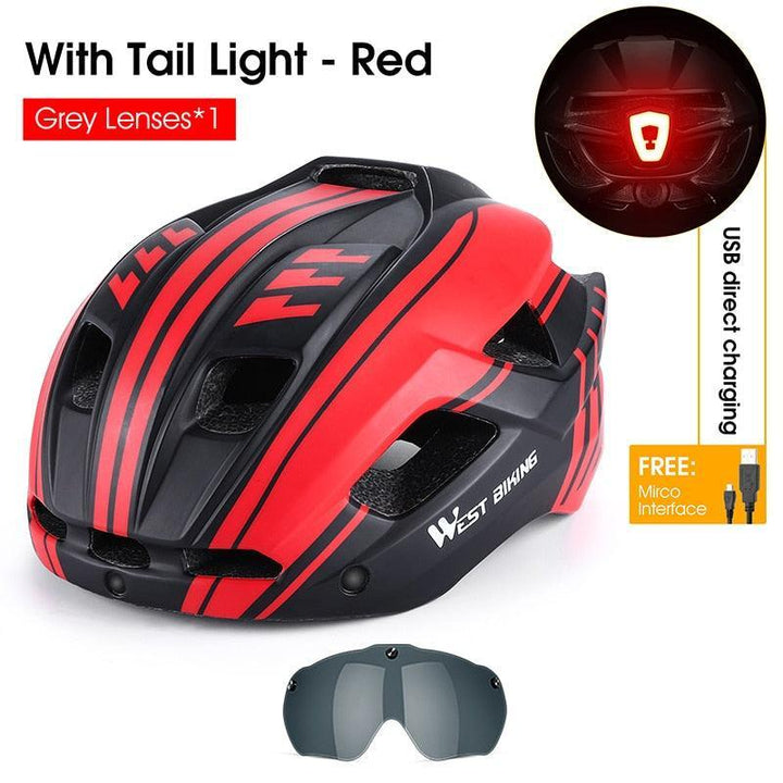 WEST BIKING Smart Cycling Helmet - Integrally-Molded EPS+PC Safety - Built-in Rechargeable USB Taillight - Magnetic Visor Sunglasses - Unisex MTB Road Bike Cap