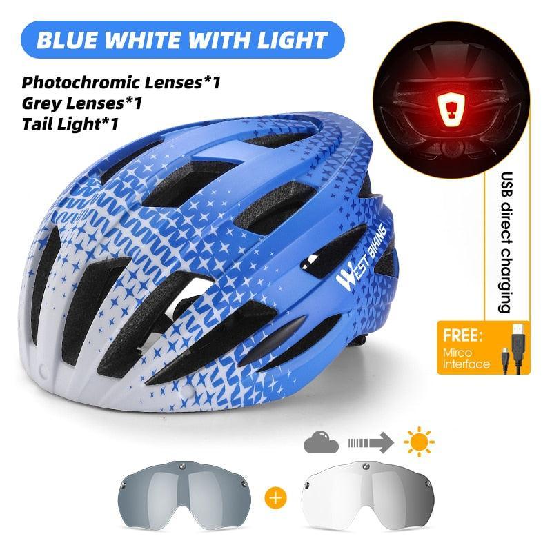 WEST BIKING Smart Cycling Helmet - Integrally-Molded EPS+PC Safety - Built-in Rechargeable USB Taillight - Magnetic Visor Sunglasses - Unisex MTB Road Bike Cap