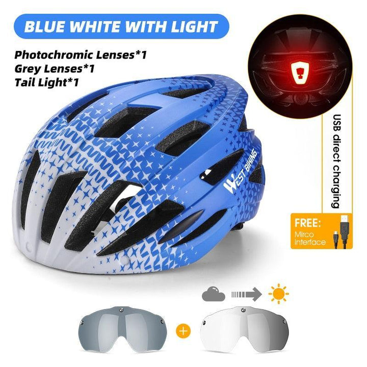 WEST BIKING Smart Cycling Helmet - Integrally-Molded EPS+PC Safety - Built-in Rechargeable USB Taillight - Magnetic Visor Sunglasses - Unisex MTB Road Bike Cap