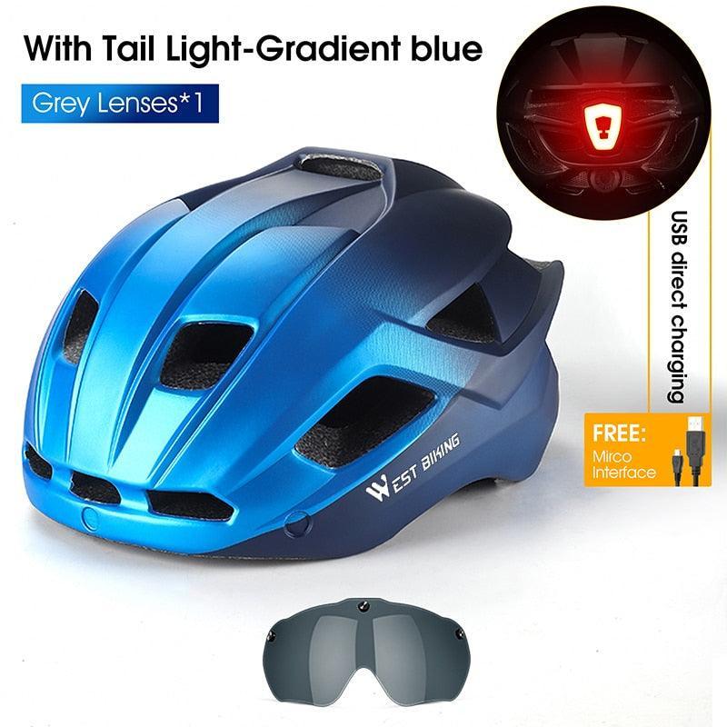 WEST BIKING Smart Cycling Helmet - Integrally-Molded EPS+PC Safety - Built-in Rechargeable USB Taillight - Magnetic Visor Sunglasses - Unisex MTB Road Bike Cap