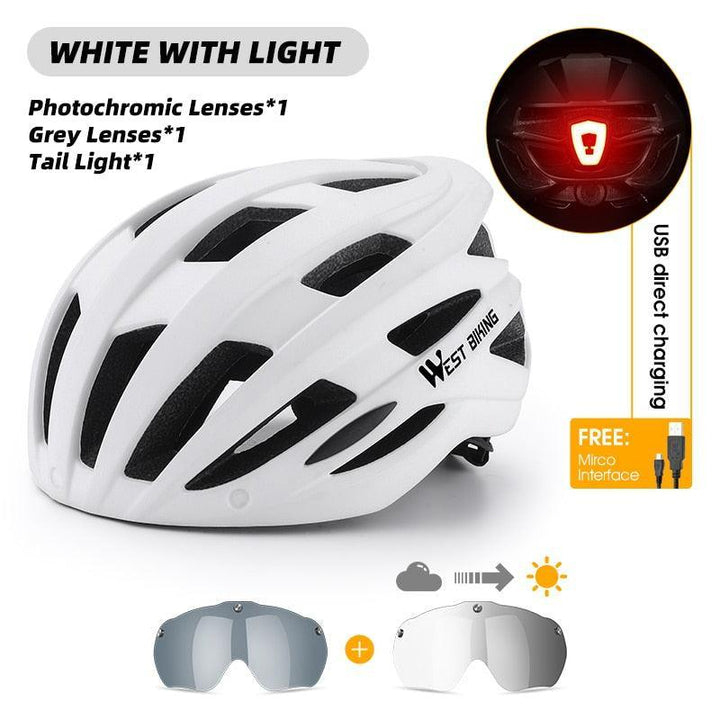 WEST BIKING Smart Cycling Helmet - Integrally-Molded EPS+PC Safety - Built-in Rechargeable USB Taillight - Magnetic Visor Sunglasses - Unisex MTB Road Bike Cap