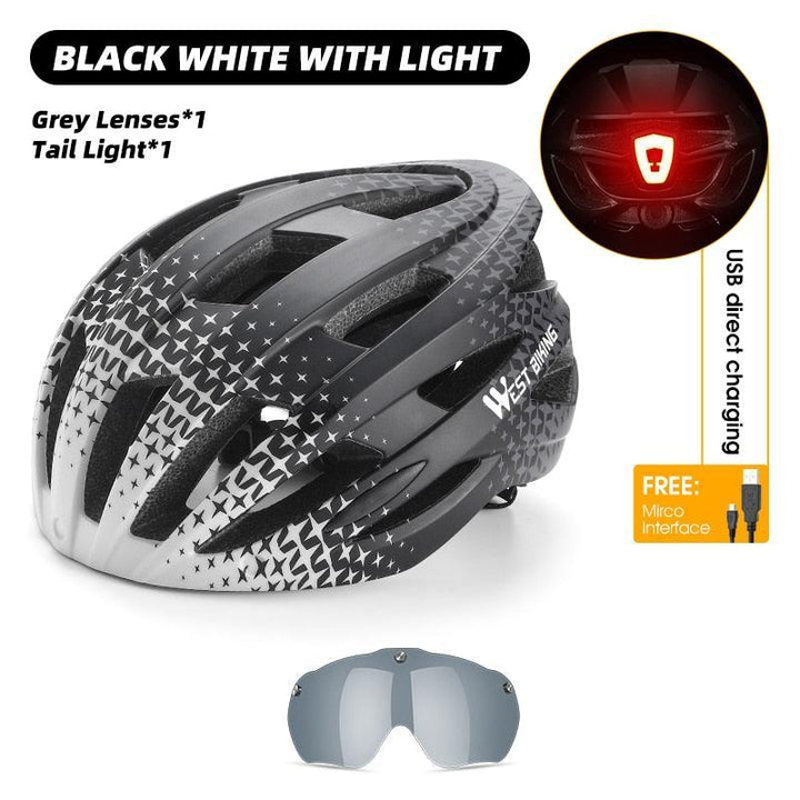 WEST BIKING Smart Cycling Helmet - Integrally-Molded EPS+PC Safety - Built-in Rechargeable USB Taillight - Magnetic Visor Sunglasses - Unisex MTB Road Bike Cap