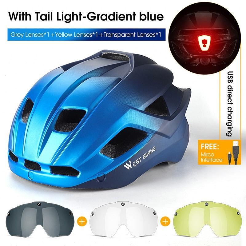 WEST BIKING Smart Cycling Helmet - Integrally-Molded EPS+PC Safety - Built-in Rechargeable USB Taillight - Magnetic Visor Sunglasses - Unisex MTB Road Bike Cap