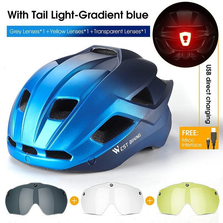 WEST BIKING Smart Cycling Helmet - Integrally-Molded EPS+PC Safety - Built-in Rechargeable USB Taillight - Magnetic Visor Sunglasses - Unisex MTB Road Bike Cap