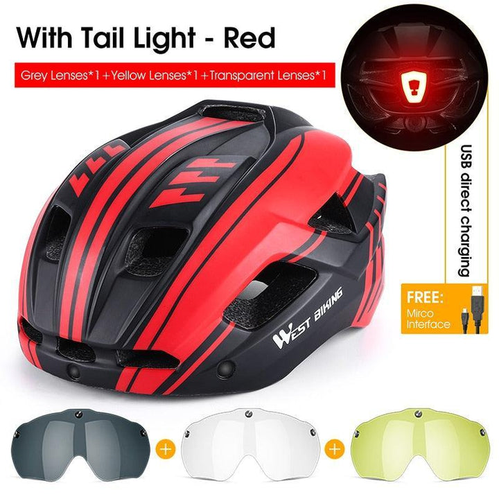 WEST BIKING Smart Cycling Helmet - Integrally-Molded EPS+PC Safety - Built-in Rechargeable USB Taillight - Magnetic Visor Sunglasses - Unisex MTB Road Bike Cap