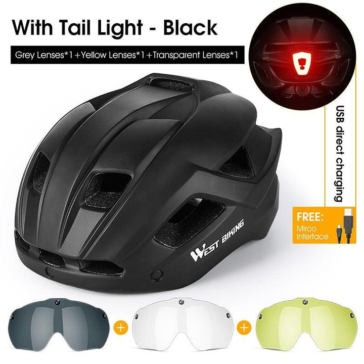 WEST BIKING Smart Cycling Helmet - Integrally-Molded EPS+PC Safety - Built-in Rechargeable USB Taillight - Magnetic Visor Sunglasses - Unisex MTB Road Bike Cap