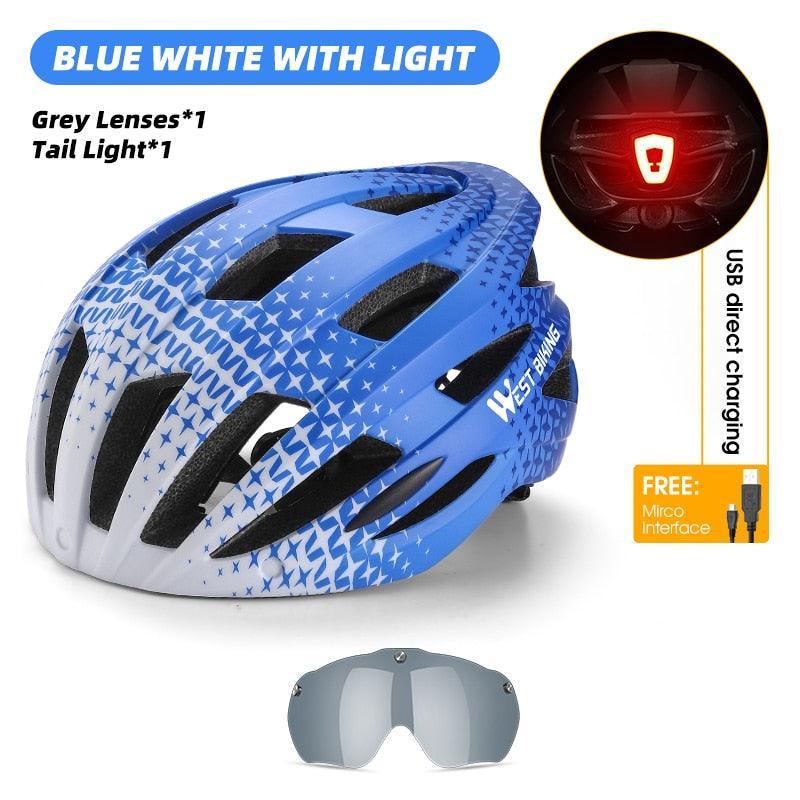 WEST BIKING Smart Cycling Helmet - Integrally-Molded EPS+PC Safety - Built-in Rechargeable USB Taillight - Magnetic Visor Sunglasses - Unisex MTB Road Bike Cap