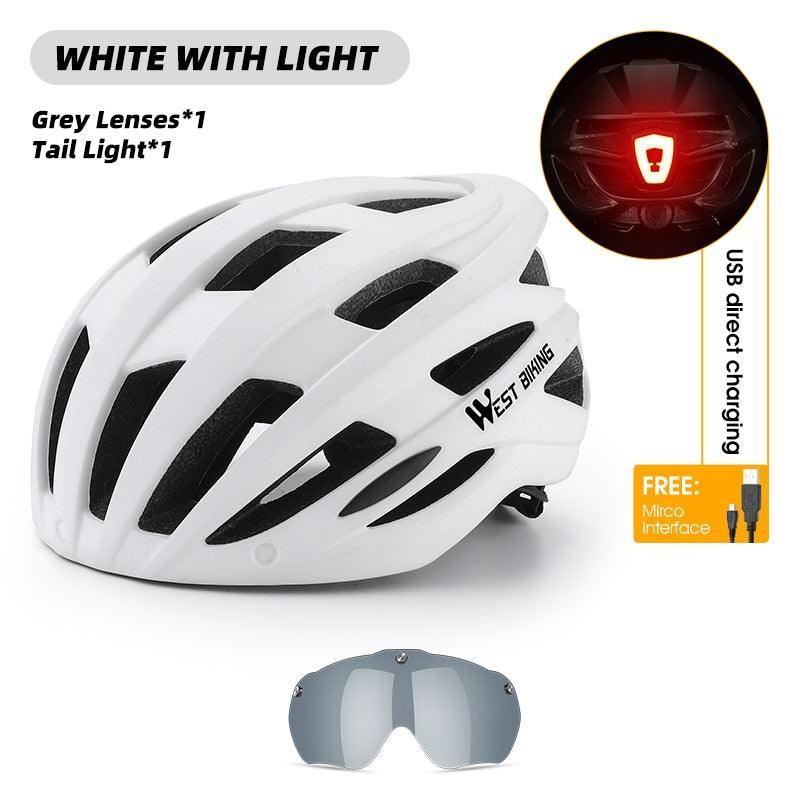 WEST BIKING Smart Cycling Helmet - Integrally-Molded EPS+PC Safety - Built-in Rechargeable USB Taillight - Magnetic Visor Sunglasses - Unisex MTB Road Bike Cap