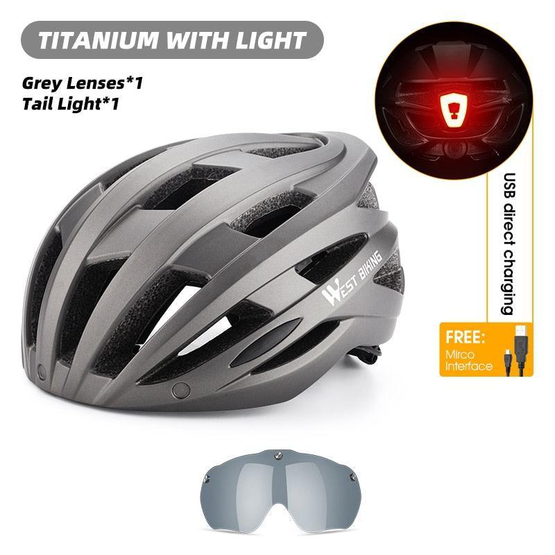 WEST BIKING Smart Cycling Helmet - Integrally-Molded EPS+PC Safety - Built-in Rechargeable USB Taillight - Magnetic Visor Sunglasses - Unisex MTB Road Bike Cap