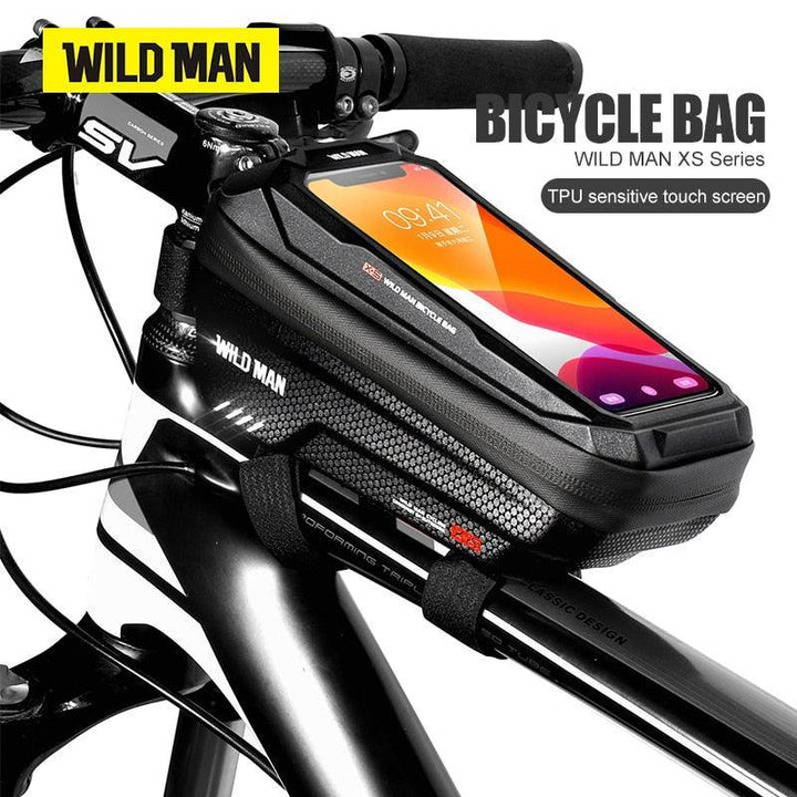 WILD MAN X2 Bike Frame Bag - EVA Hard Shell Waterproof Top Tube Pack - TPU Sensitive Touchscreen Phone Holder for MTB &amp; Road Bikes - Anti-Vibration Cycling Pouch