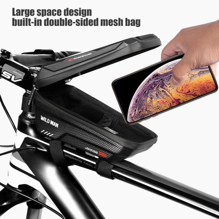 WILD MAN X2 Bike Frame Bag - EVA Hard Shell Waterproof Top Tube Pack - TPU Sensitive Touchscreen Phone Holder for MTB &amp; Road Bikes - Anti-Vibration Cycling Pouch