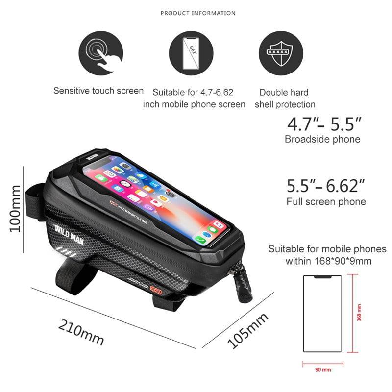 WILD MAN X2 Bike Frame Bag - EVA Hard Shell Waterproof Top Tube Pack - TPU Sensitive Touchscreen Phone Holder for MTB &amp; Road Bikes - Anti-Vibration Cycling Pouch