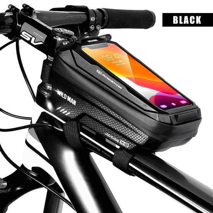 WILD MAN X2 Bike Frame Bag - EVA Hard Shell Waterproof Top Tube Pack - TPU Sensitive Touchscreen Phone Holder for MTB &amp; Road Bikes - Anti-Vibration Cycling Pouch