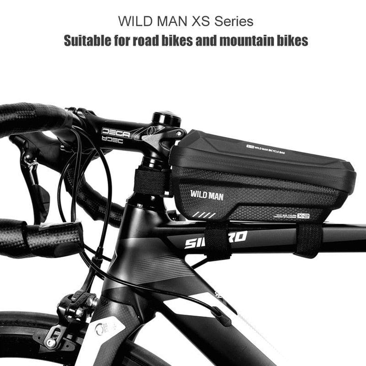 WILD MAN X2 Bike Frame Bag - EVA Hard Shell Waterproof Top Tube Pack - TPU Sensitive Touchscreen Phone Holder for MTB &amp; Road Bikes - Anti-Vibration Cycling Pouch