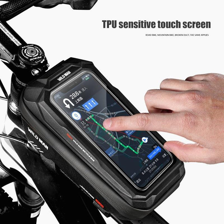 WILD MAN X2 Bike Frame Bag - EVA Hard Shell Waterproof Top Tube Pack - TPU Sensitive Touchscreen Phone Holder for MTB &amp; Road Bikes - Anti-Vibration Cycling Pouch