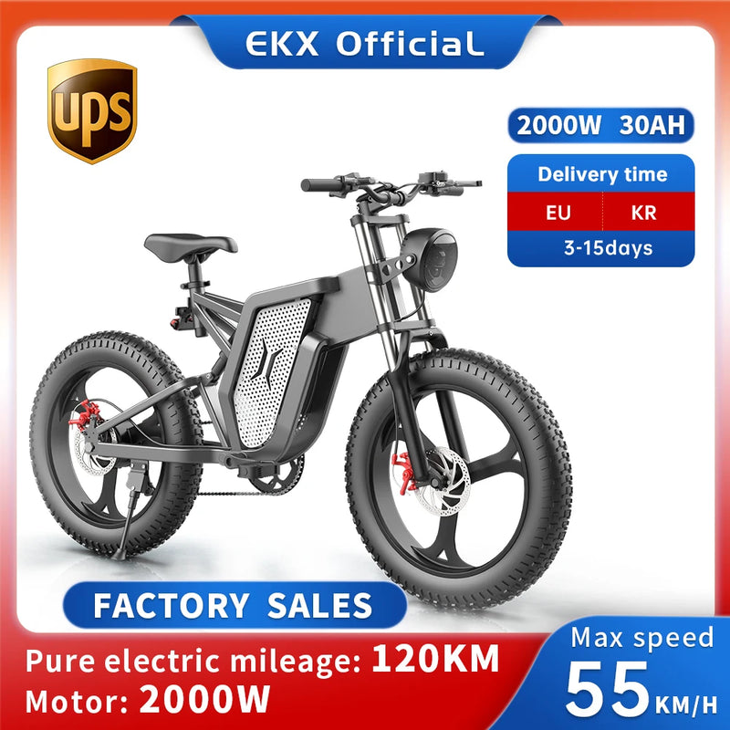 Lataa kuva gallerian katseluohjelmaan Powerful EKX X20 2000W Electric Mountain Bike for Adults - 48V Battery, 35AH, 20 Inch Wheels
